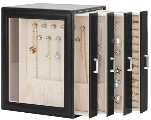 DesignSter Jewellery Box Organiser, Jewellery Box for Women, PU Jewellery Organiser Display Case with 4 Side Drawers, Jewellery Storage for Earring Necklace Ring Bracelet Watch, Black