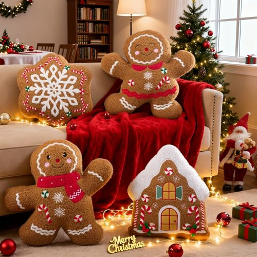 Lanpn 4 Stück Lebkuchen Weihnachtskissen, Weihnacht skissen Dekokissen Flauschiges Zierkissen Lebkuchenmann Lebkuchenhaus Schneeflocke für Geschenk Party Bett Sofa Couch Innenbereich Dekoration