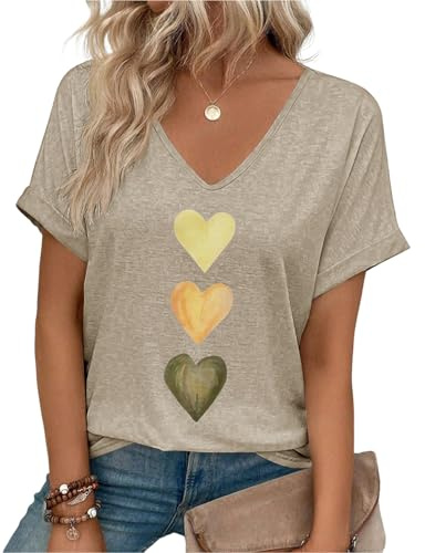 PASUDA Maglietta Donna Cotone T-Shirt Manica Corta Scollo a V Magliette Casual Ampia Tops Basic Stampa Tee Shirts Traspirante Tunic(Albicocca,M)