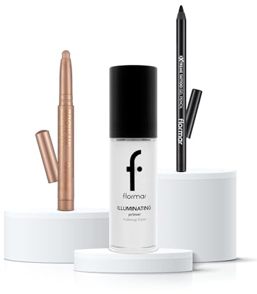 Flormar Coveted Classics Make-up Set – 3-tlg. Kit – Illuminating Primer Base, Extreme Tattoo Gel Eyeliner (Onyx) & Brow Up Highlighter (Champagne) – Wasserfest & Strahlend