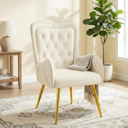 Hellove Fauteuil de Salon Scandinave en Simili-Cuir avec Pieds en Métal Doré, Chaise de Repos Confortable – Dossier Double Ergonomique pour Salon, Chambre, Coiffeuse ou Bureau, Beige