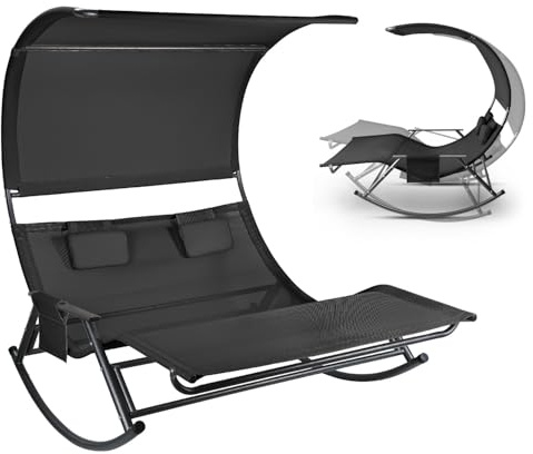 Aopunly Doppelliege Outdoor, Schaukelliege für 2 Personen bis 250 kg, Sonnenliege mit Sonnendach und Tasche, atmungsaktives Gewebe, Anthrazit für Garten, Balkon und Terrasse