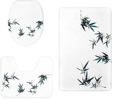 Badteppich Set Dunkelgrüner Bambus Duschvorleger rutschfest Waschbar 3 Teilig Bad Vorleger U-Förmig WC Teppich Toilettendeckelbezug Deko Badezimmer Bath Mat 50x80 cm