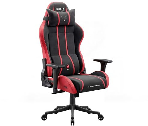 Diablo Gaming Stuhl Stoff für Kinder und Jugendliche mit 3D Armlehnen | Jugend Gaming Chair, kleiner Bürostuhl mit Lendenkissen, Kopfstütze, 140° Rückenlehne und atmungsaktivem Stoff