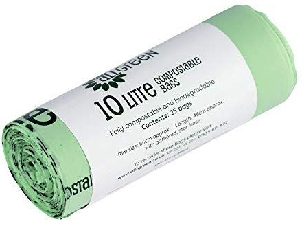 10 Litre x 25 All-Green Compostable Bags - Kitchen Caddy Liner - Food Waste Bin Liners - EN 13432-10L Bags with Composting Guide with Composting Guide