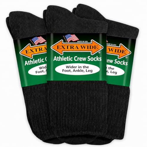 Extra Wide Comfort Fit Athletic Crew (Mid-Calf) Socks for Men and Women, Made in USA, Pick your size, Do not size up