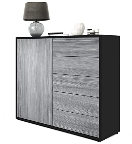 Vladon Sideboard Ben V2, Made in Germany, Kommode mit 1 Tür und 5 Schubladen, Schwarz matt/Avola-Anthrazit (79 x 74 x 36 cm)