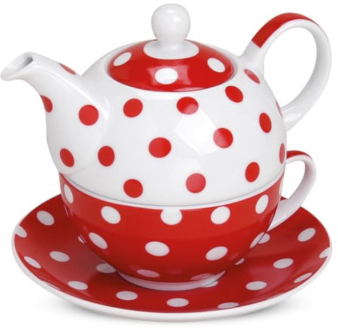 matches21 HOME & HOBBY Teekanne Set in rot gepunktet - Süße Porzellan Teetasse mit Unterteller für 400ml | 200ml - Außergewöhnliche Tassen spülmaschinenfest und mikrowellengeeignet