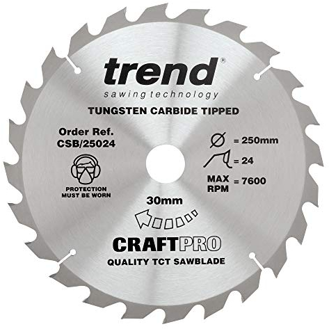 Trend Wood Circular Saw Blade, 250mm Diameter, 30mm Bore, 24 Teeth, 2.8mm Kerf, +20° Hook, TCT, Coarse Finish, CSB/25024