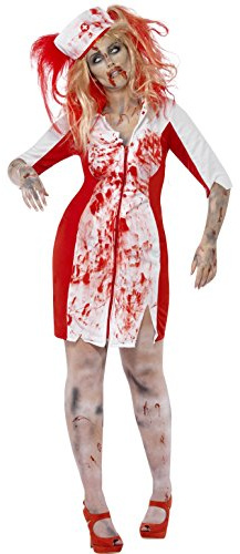 Smiffys Curves Zombie Nurse Costume, White Dress & Headpiece, Halloween Zombie Alley Fancy Dress, Zombie Dress Up Costumes