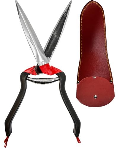 Jakoti Hand Shears (L30cm) with Handmade Leather Holster. One Handed Garden Shears for Grass, Topiary & Pruning. Sheep Shears for Dagging, Shearing & Trimming. 15cm Steel Blades. Handmade Garden Tools