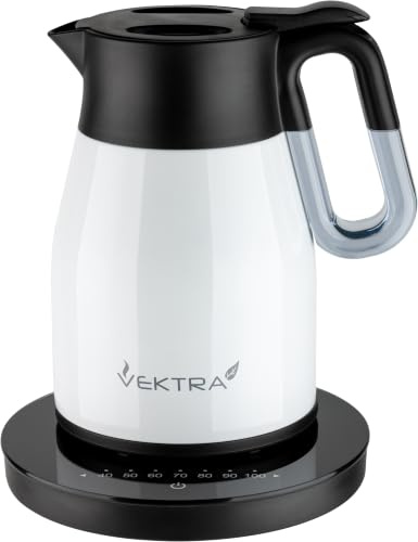 Vektra VEK-1504W Vacuum Insulated Easy Pour Cordless Kettle with Temperature Selection Indicator Gauge, 1.5 Litre, White/Black