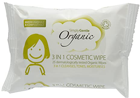 Simply Gentle Organic 3-in-1 Cosmetic Face Wipes - Removes Dirt & Impurities - Dermatologist Tested Antibacterial Wipes with Smooth Texture - Fragrance-Free Makeup Remover Wipes - 25 Wipes