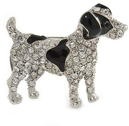 Spilla a forma di cane Jack Russell Terrier con cristalli trasparenti e smalto nero, in metallo argentato, 40 mm di diametro, Misura unica, smaltato, Diamante