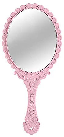Specchio a mano con maniglia, piccolo pacchetto da viaggio, specchio compatto stile vintage, specchio decorativo per trucchi per ragazze e donne (rosa)