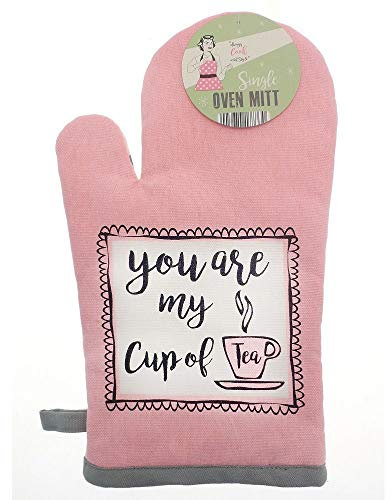 Vintage Style 100% Cotton Cup of Tea Single Kitchen Oven Mitt Glove - Pink (33 x 17cm)