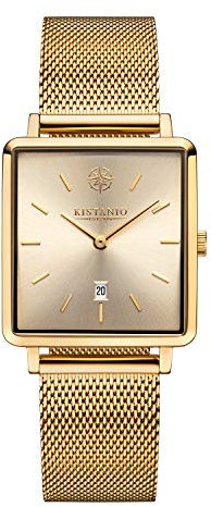 Kistanio Carre Damenuhr mit Milanaiseband Datum Edelstahl Goldfarben Goldfarben Saphirglas CAR-GO-GOS-M