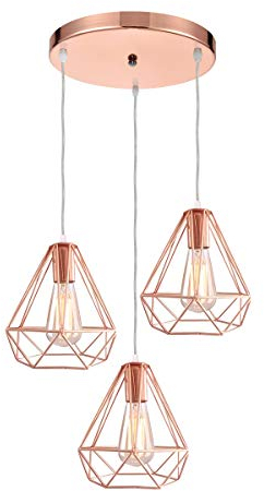 iDEGU 3-flammig Pendelleuchte Industrielle Vintage Hängelampe Pendellampe aus Metall E27 Retro Hängeleuchte im Geometrisch Käfig Stil mit Runde Deckenbasis, Ø 20cm, Roségold