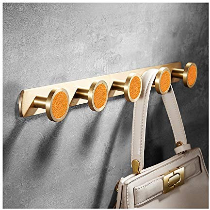 SHUGUANG Patère Murale avec 5 Ronde Crochets en Laiton Or Brossé, Porte-Manteau, Porte-Serviette pour Salle de Bain, Salon, Installation à Vis, Orange Leather