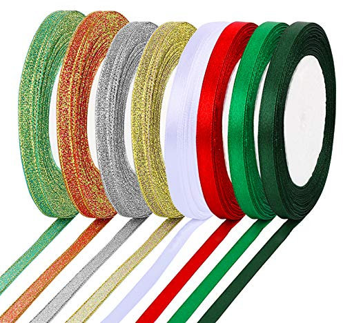 8 Rouleaux Rubans scintillants ruban Cadeau Noël en Polyester Bande Ruban Satin paillettes Noeud Joyeux Noël Rouge Vert Blanc Or Argent Décoration DIY Emballage Accessoire pour Artisanat Fête Noël
