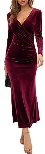 Women's V Neck Wrap Long Sleeve Elegant Mermaid Velvet Cocktail Maxi Dress Evening Party, Burgundy, X-Large