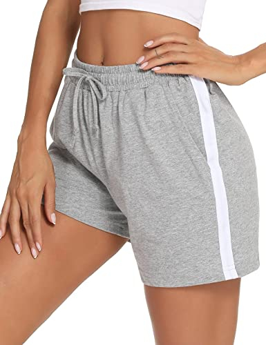 Litherday Shorts Damen Sportshorts Kurz Hosen Streifen Jogginghose Sommer Traininghose mit Taschen Elastischer Bund und Atmungsaktive Shorts zum Fitness, Running, Gym, Basketball, Hellgrau, M