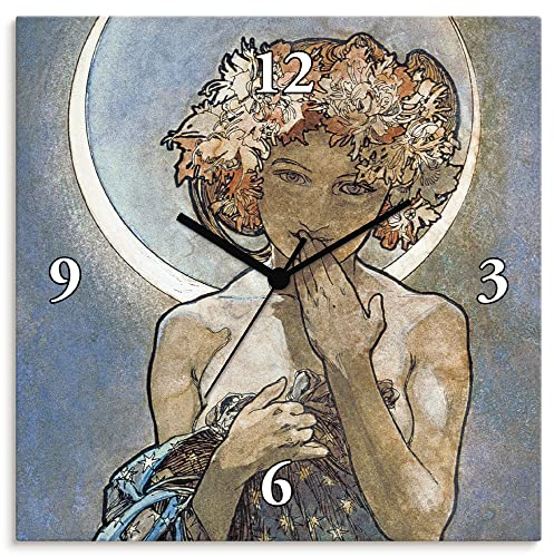 ARTLAND Wanddeko Wanduhr ohne Tickgeräusche Leinwand Funkuhr 30x30 cm Quadratisch Lautlos Sterne Mond Alfons Mucha alte Meister T7VN