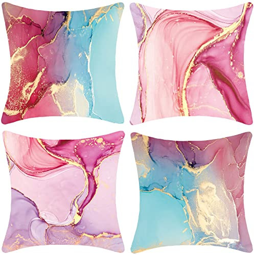 XIEJINJIA Texture de Marbre Doux Velours Rose Doré Housse de Coussin Decorative Luxe Abstrait Fluide Canapé Taie d'oreiller pour Maison Salon Chambre Chaise Lit Jardin Voiture 45 x 45 cm Lot de 4