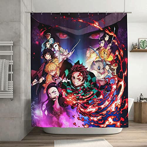 Demon Slayer Duschvorhang Anime Kinder Textil-Vorhang Polyester Badvorhang mit 12 Duschvorhängeringen Kamado Tanjirou Fanartikel (180x180cm, Demon4)