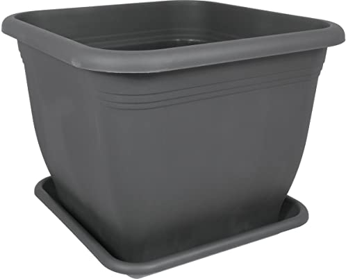 MePla - Blumentopf Pflanzkübel Quadrat 48x48 cm + Untersetzer 41x41 cm, Anthrazit, wetterfest aus UV-beständigem Kunststoff