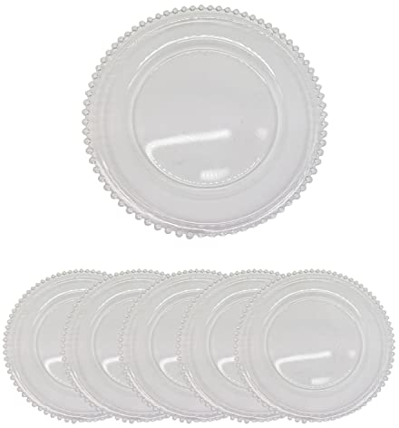 Trimming Shop Decorative Clear Glass Charger Plates with Clear Beads Rim for Weddings, Parties, & Events - Elegant Glass Plates for Dining, Home, and Event Décor, Pack of 6