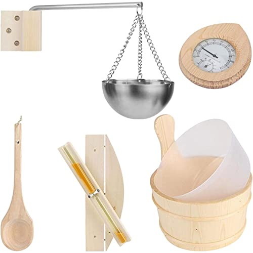 Saunakübel aus Holz, Saunakübel und Schöpfkelle, handgefertigtes Sauna- und Spa-Zubehör, mit Duftschale und Sanduhr-Thermometer-Hygrometer für Sauna und Spa