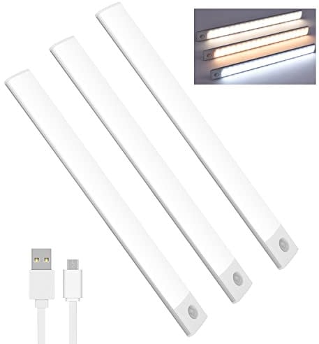 Lychico Motion Sensor Lights Indoor (30cm), 3 Pack 60 LED Under Cabinet Lights 6000K, USB Rechargeable Battery Powered Night Lights with Magnetic Strip for Kitchen, Wardrobe, Garage, Stairs, Bedroom
