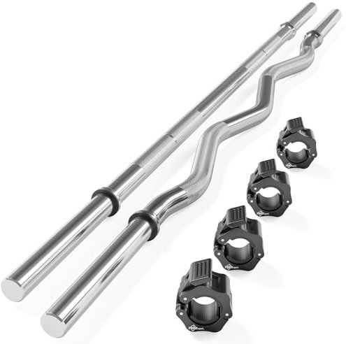 POUDI SPORT 1 Curlstange 120cm + 1 Hantelstange 120cm + 4 schwarze Hantelverschlüsse | Ø 28mm | Verchromter Stahl
