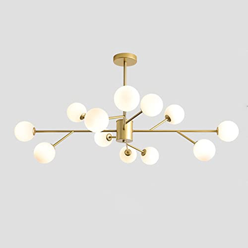 KRIPINC 12-Flammig Sputnik Kronleuchter, Kronleuchter Gold Halbbündige Montage mit Weiß Glaskugel Lampenschirm, Mid Century Höhenverstellung Kronleuchter Deckenleuchte für Wohnzimmer Schlafzimmer
