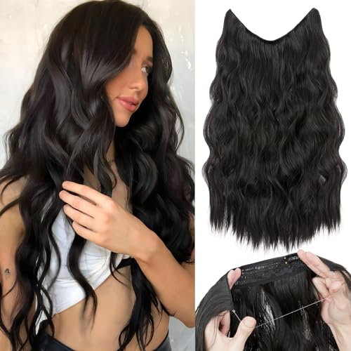 TESS Flip in Extensions 60 cm, Naturschwarz Secrets Haare Extensions Gewellt 150g mit 4 Clips Extensions mit Band Synthetik Hair haarverlängerung mit Gummiband