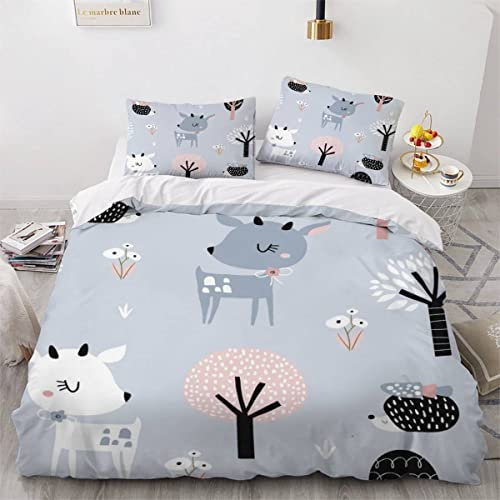 AKATIE Bettwäsche Süßes REH Bettwäsche 135x200 Kinder Blumenmuster Bettbezug Set Weich Microfaser Kinderbettwäsche 3 Teilig Mit ReißVerschluss Mit 2 Kissenbezug 80x80 cm