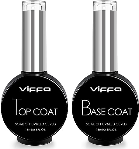 Viffa No Wipe Gel Top Coat e Base Coat, 2 PZ 15ml Gel Smalto Base e Top Coat, Lucido Finish e Lunga Durata Soak Off Lampada Nail Art Design Manicure Regali per la Casa DIY e Nail Salon.