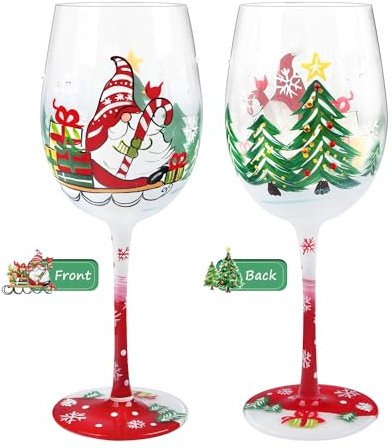 NymphFable Handbemalte Weinglas Weihnachtswichtel Gnome Weihnachtsmann Weihnachtsbaum Schneeflocke Geschenke für Familie Freunde Weingläser 15oz