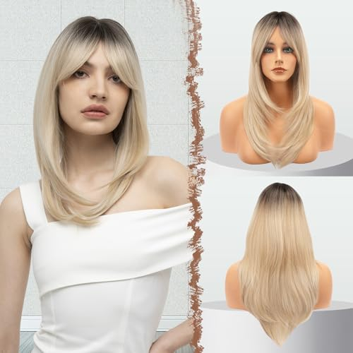 FESHFEN Blond Perücken mit Pony für Frauen Natürliches Synthetik Haar Ombre Blonde Perücke Haarperücke für Frauen 45 cm