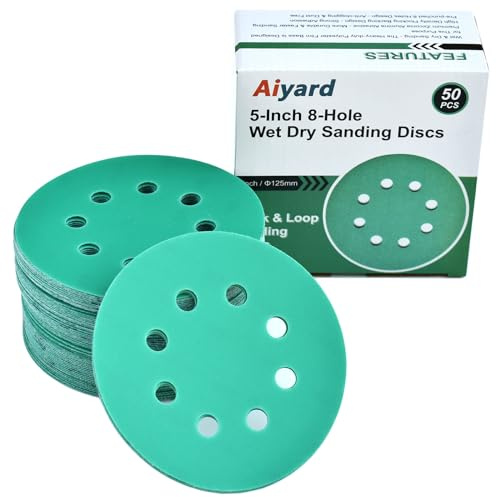 Aiyard 5-Inch 8-Hole Wet Dry Sanding Discs 400 Grit, Polyester Film Backed Heavy-Duty Hook and Loop Sandpaper for Random Orbital Sander, 50-Pack
