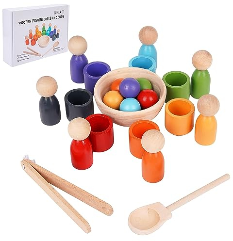 PKKP Montessori Spielzeug ab 1 Jahr, Holz Sortier Stapelspielzeug, 7 Stück Regenbogen Holzkugeln in Tassen, Baby Spielzeug für Vorschule für Farbsortierung und Zählen, Geschenk ab 2 Jahr