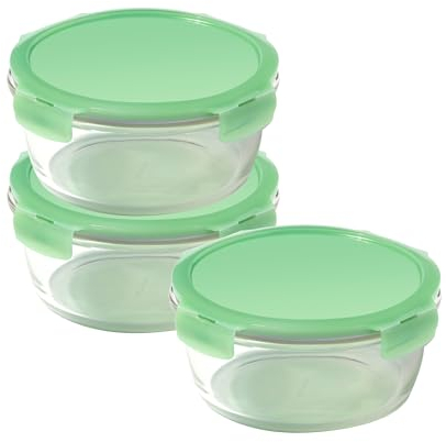LocknLock Eco Ovenglass Glass Food Containers with Lids Set of 3 - Airtight, Leakproof Round Food Storage Containers with Recycled Plastic Lids, Oven Safe, Dishwasher Safe, 3 x 950ml