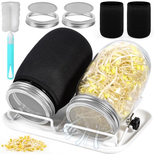 GUHAOOL Barattolo Germogliatore Set,2 1000ml Germogliatore in Vetro, 2 Coperture, 2 Supporti e 1 Vassoio,2 Manicotti Oscuranti,1 Spazzola,Kit di Barattoli per Germogliamento di Semi per Broccoli Germ
