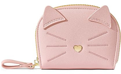 Porte Carte de Crédit Femmes, PU Cuir Porte-Cartes de Visite Protection RFID Portefeuille Porte Monnaie Fermeture Éclair Crédit Portefeuille avec 11 emplacements pour Cartes Women's Wallet,Rose Chaton