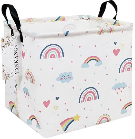 FANKANG Cesta cuadrada de almacenamiento para guardería, cesta de lavandería plegable con revestimiento de polietileno impermeable, cestas de regalo para niños, oficina, dormitorio, ropa (arco iris