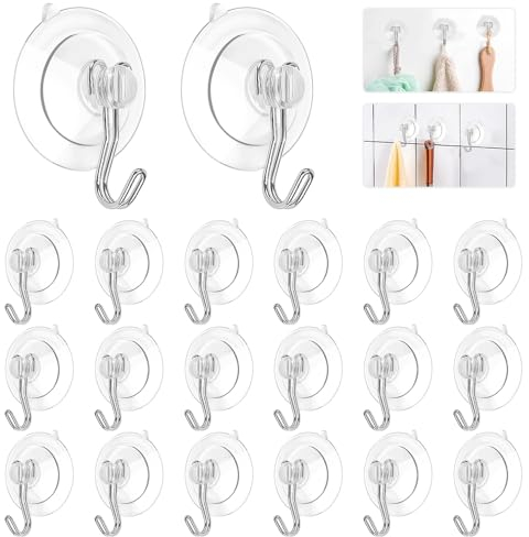 ADERTOS 20 PCS Suction Cup Hooks 45mm Reusable Suction Hooks Transparent Sucker Hooks Multi-Purpose Suction Hanger Clear Plastic Sucker Pads with Metal Hook for Bathroom Kitchen Shower Window Door