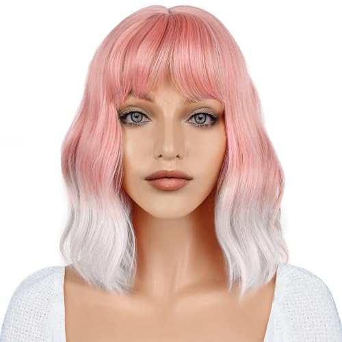 Aivtalk Damen Perücke Lockig Kurze Gewellte Perücken Ombre Orange Weiß Perücken Schulterlang Synthetische Perücke Frauen Bob Perücken mit Pony für Tägliche Party Tragen