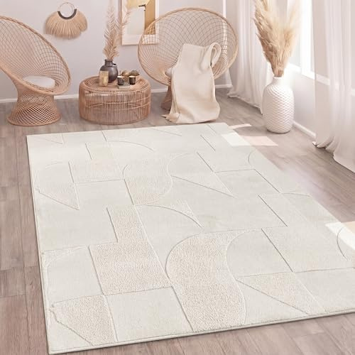 Paco Home Teppich Wohnzimmer Schlafzimmer Hochflor Skandinavisches Muster Boho Optik Weich Uni 3D Optik Abstrakt Waschbar Creme, Grösse:160x220 cm