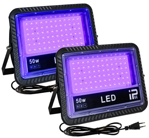 OUSIDE 2 Stück UV LED Schwarzlicht Strahler 50W, IP66 Wasserdicht Outdoor UV Strahler mit Stecker,385-400NM(UV-A) UV Fluter für Black Light Party,GLOW Party,Halloween